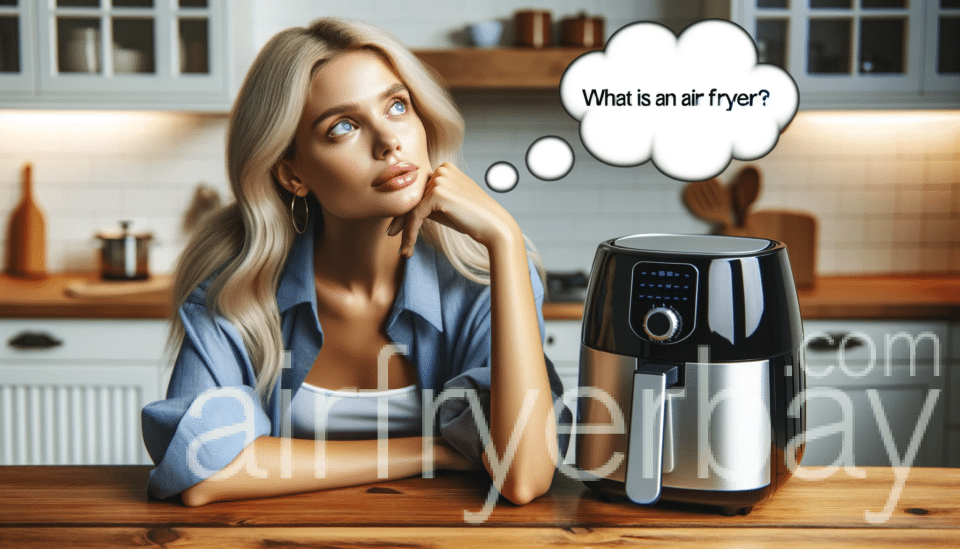 a woman looking at an air fryer