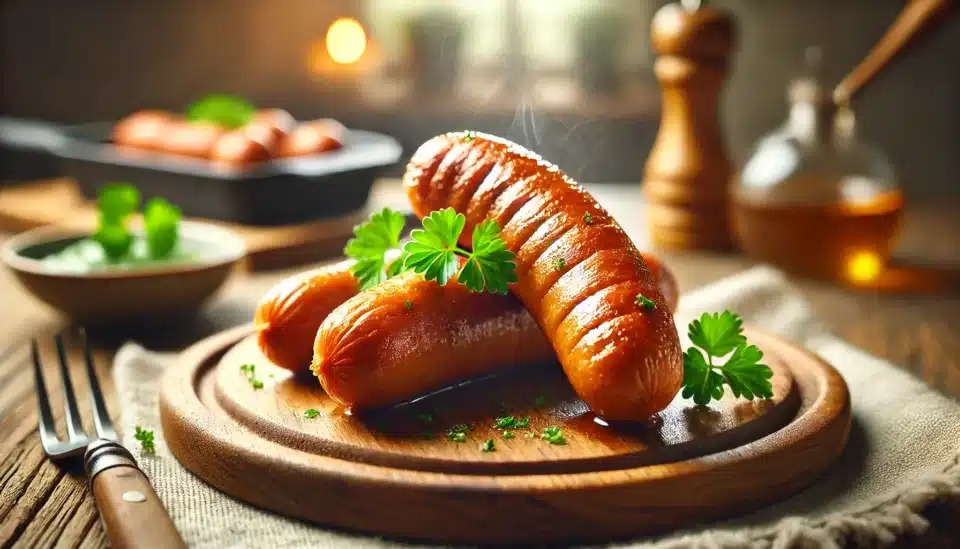 a group of Andouille Sausage on a wooden board