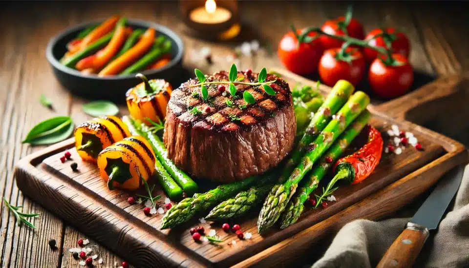 a Filet Mignon steak and vegetables on a cutting board