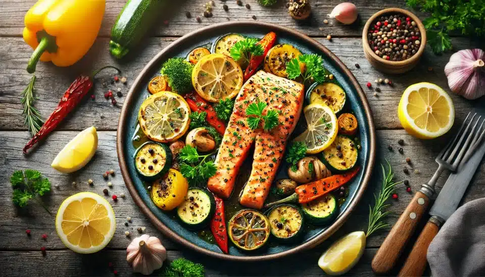 a plate of Garlic Herb Salmon with vegetables and fish on it
