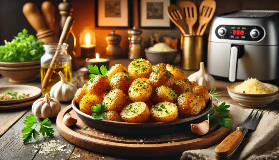 a plate of Garlic Parmesan Roasted Potatoes with parsley on top