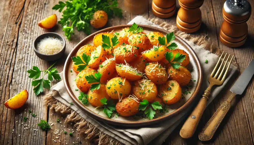 a plate of Crispy Potatoes with parsley on it