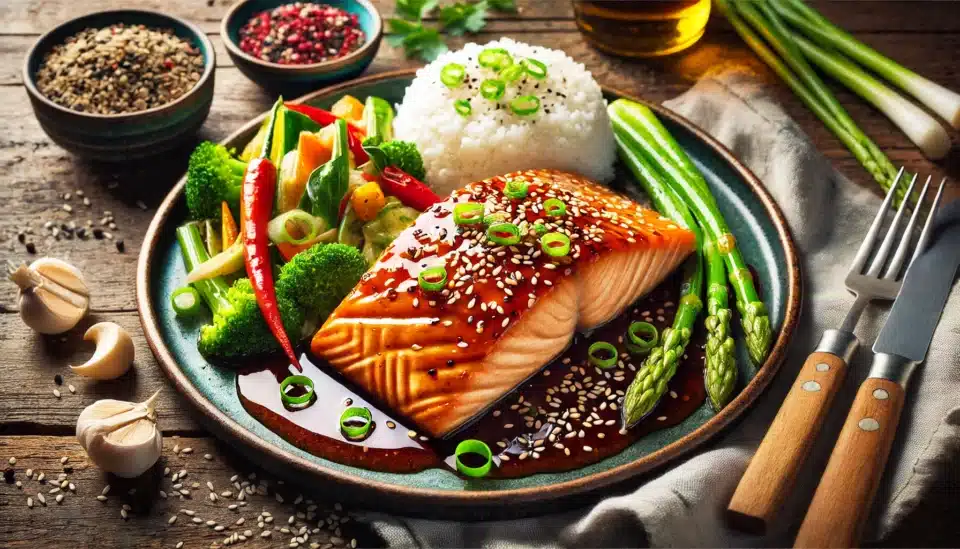a plate of Honey Garlic Glazed Salmon with rice and vegetables