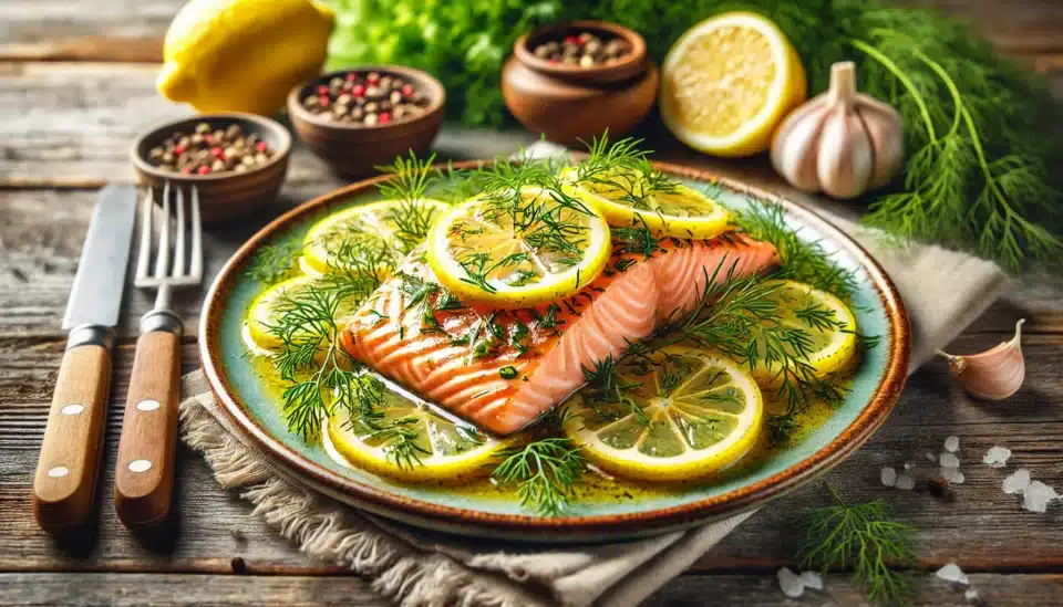 a plate of Lemon Dill Salmon with lemons and herbs