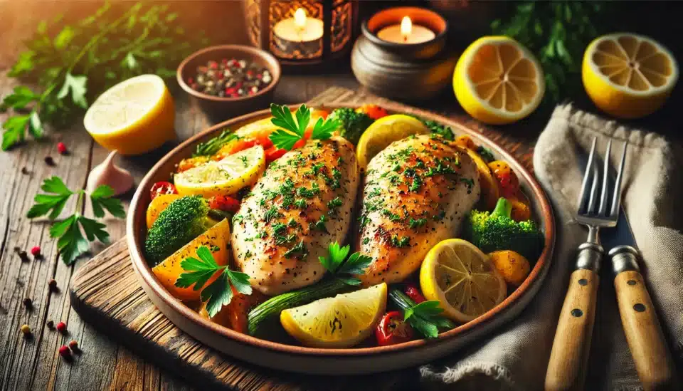 a plate of food with chicken, lemons and vegetables