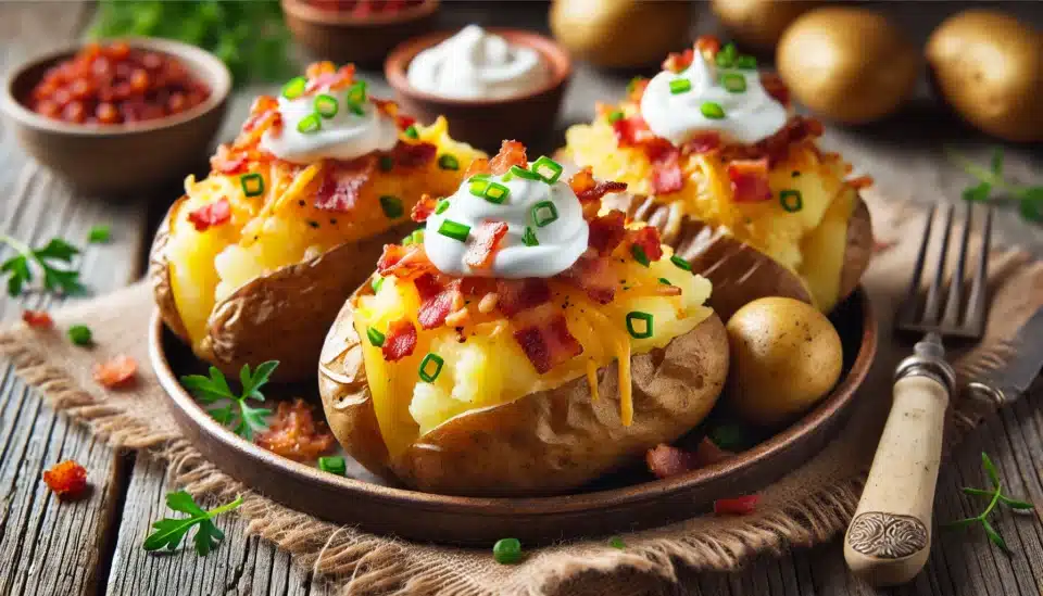 a plate of Loaded Baked Potatoes with bacon and sour cream