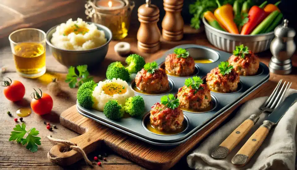 Mini Meatloaf Muffins pan with meatballs and vegetables on it