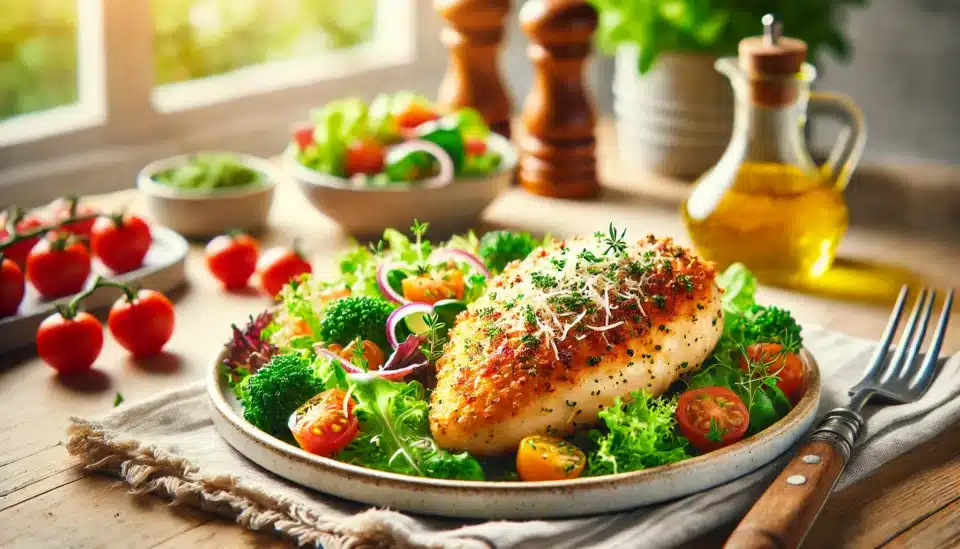 a plate of Parmesan Crusted Chicken on a table