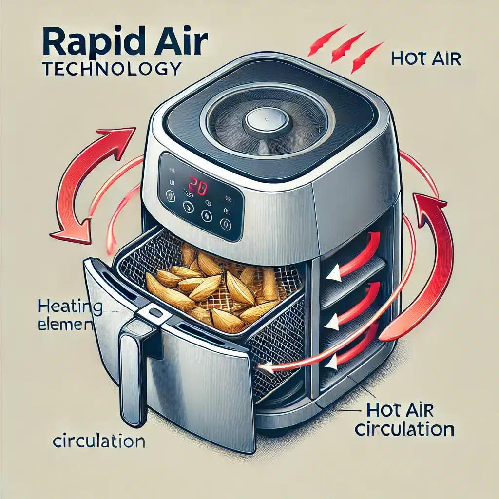 a drawing of an air fryer illustrating rapid air technology
