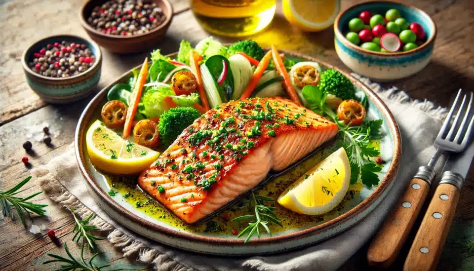 a plate of food with vegetables and a piece of fish