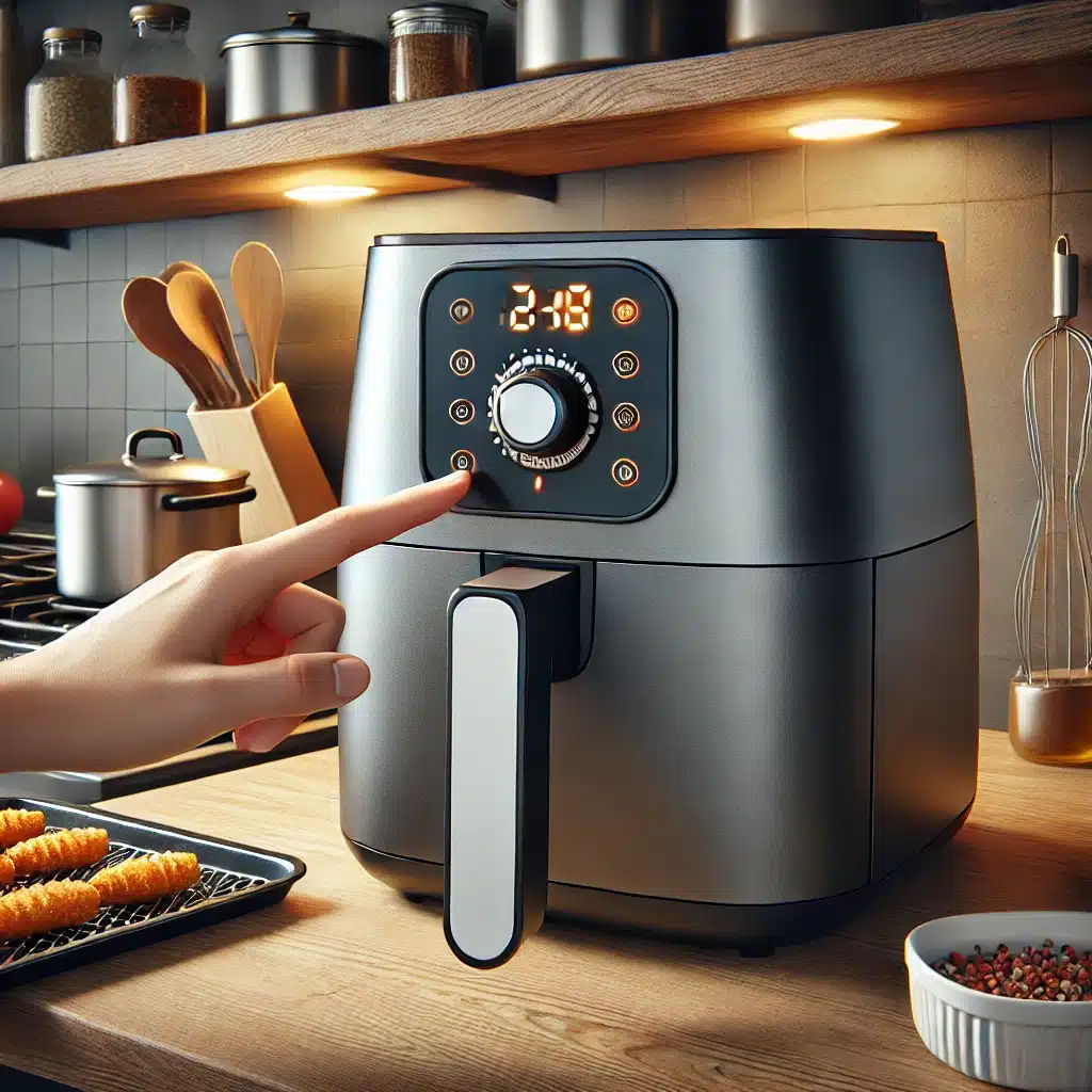 a hand pointing at a fryer