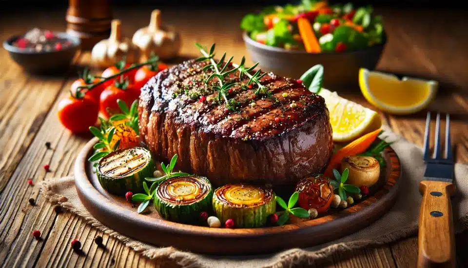 a plate of Sirloin Steak with vegetables and meat