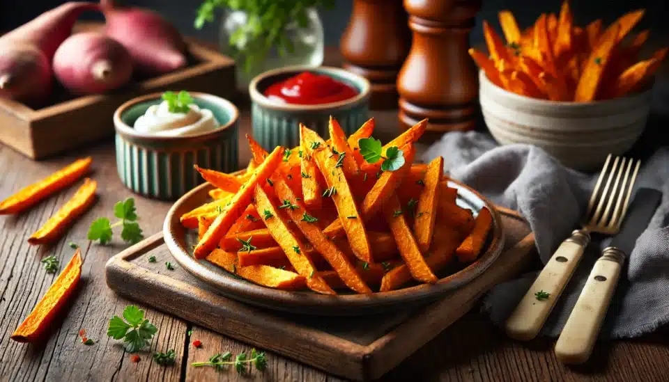 a plate of Sweet Potato Fries with sauces on a wooden board