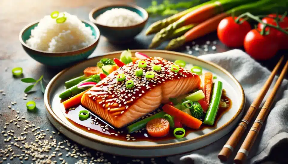 a plate of Teriyaki Salmon with rice and vegetables