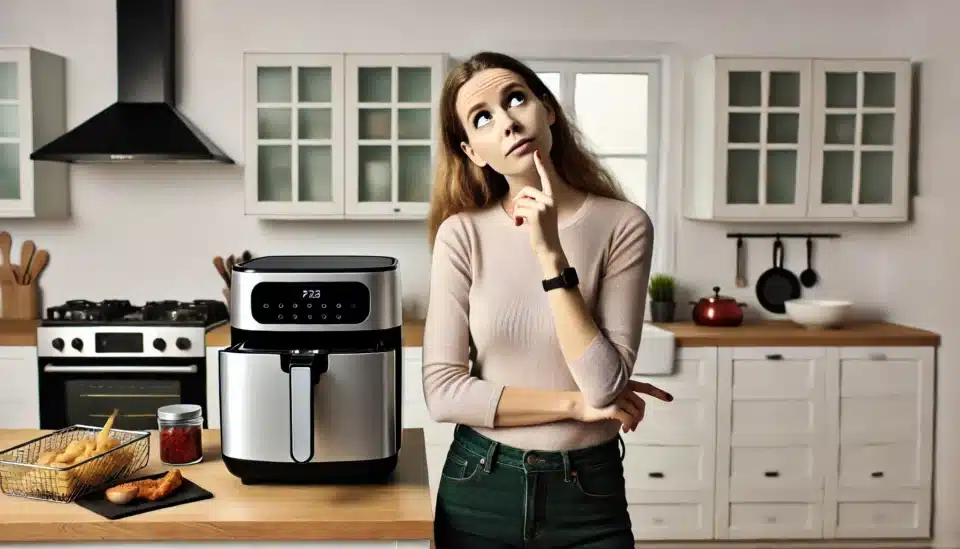 a woman standing in front of a kitchen counter