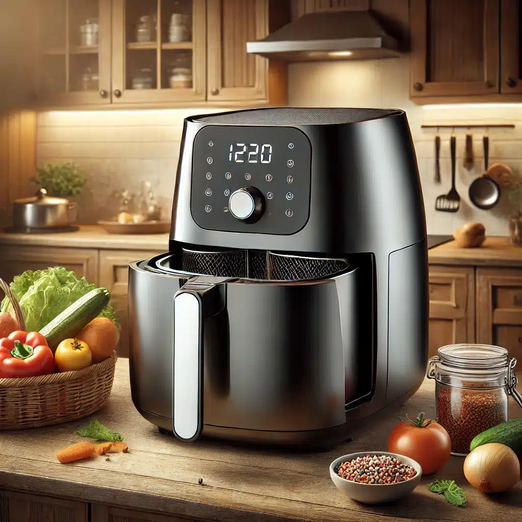 a black air fryer on a counter with vegetables in a kitchen