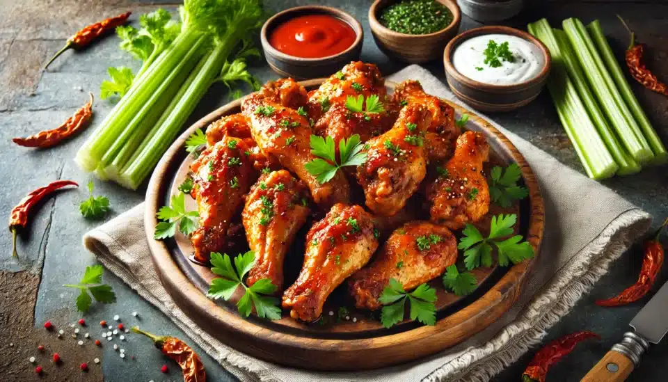 a plate of Spicy Chicken Wings with sauces and greens